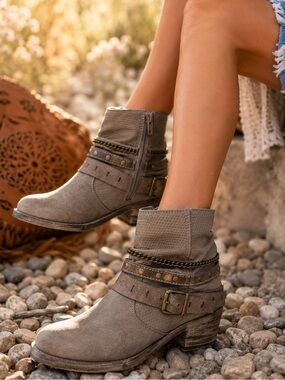 Boho Distressed Ankle Boots Gray Multi Strap Chain Festival Western Booties 8.5
